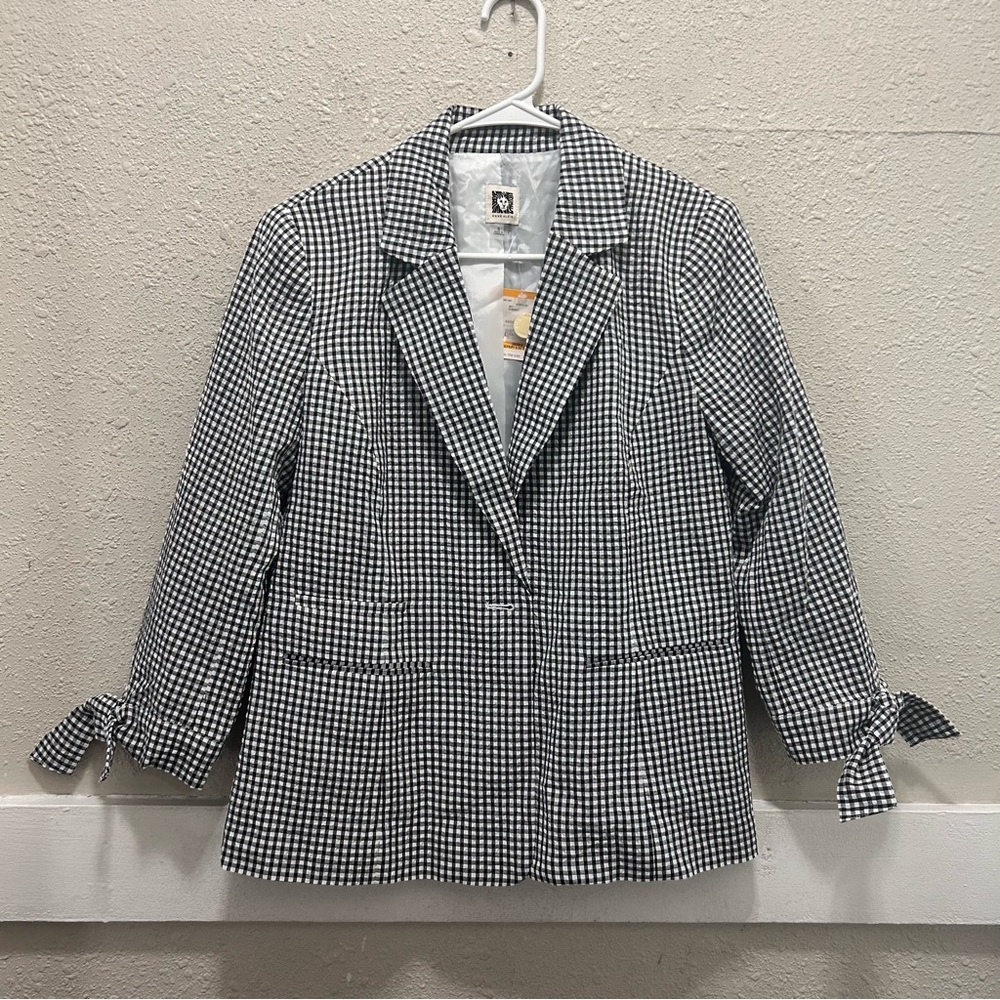 Anne Klein Black & Ivory Gingham Check 3/4 Sleeve Ties Lined Blazer Jacket Small